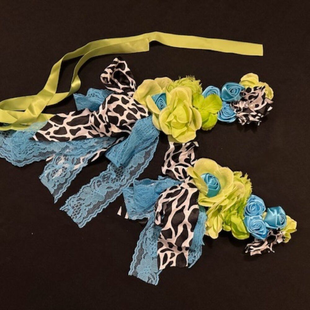 Green and Aqua Zebra Maternity Sash & Headband Set   7310  Handmade NWT Boutique